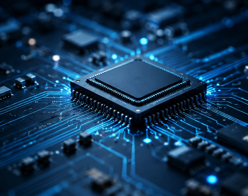 Close-up of a microprocessor on a blue illuminated circuit board with glowing electronic pathways.