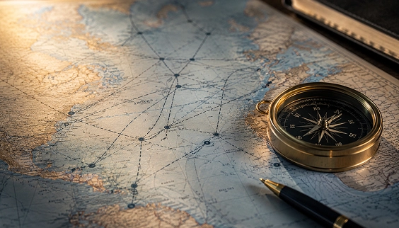 Vintage world map with marked travel routes, brass compass, and fountain pen in warm light.