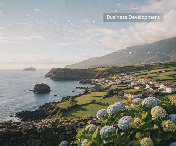 Coastal village with green fields, ocean cliffs, hydrangeas, and a “Business Development” overlay.