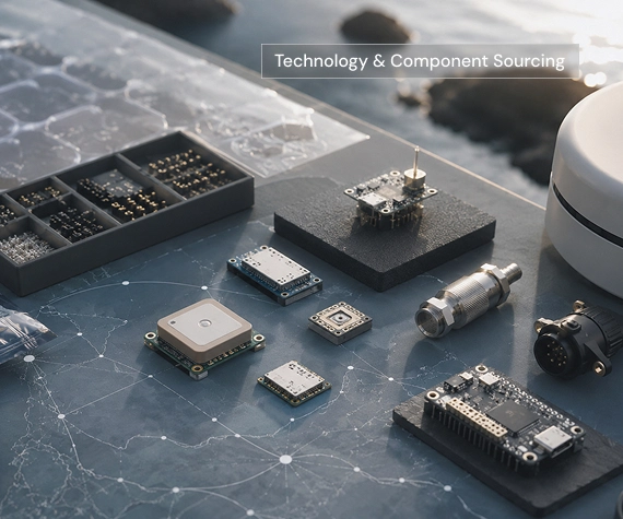 Electronic components and sensor modules arranged on a workbench with a “Technology & Component Sourcing” overlay.